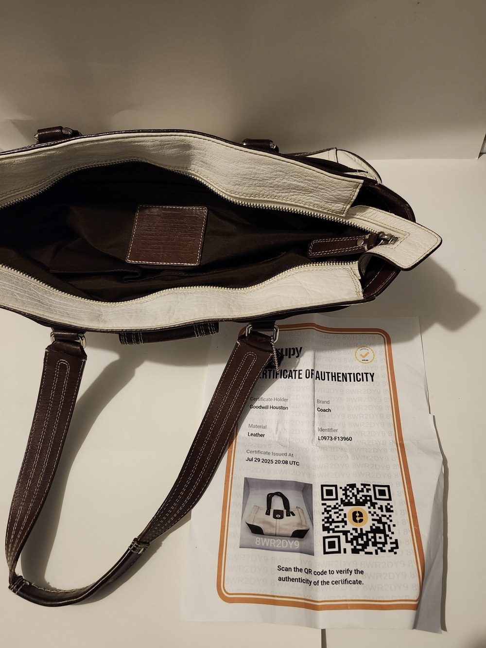 Coach Two-Tone White and Brown Leather Shoulder Tote - Picture 3 of 4